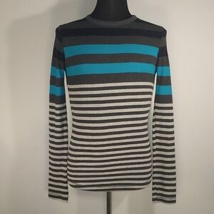 Sunday Work Clothes Grey Turquoise Striped Long Sleeve Thermal Shirt Size Medium